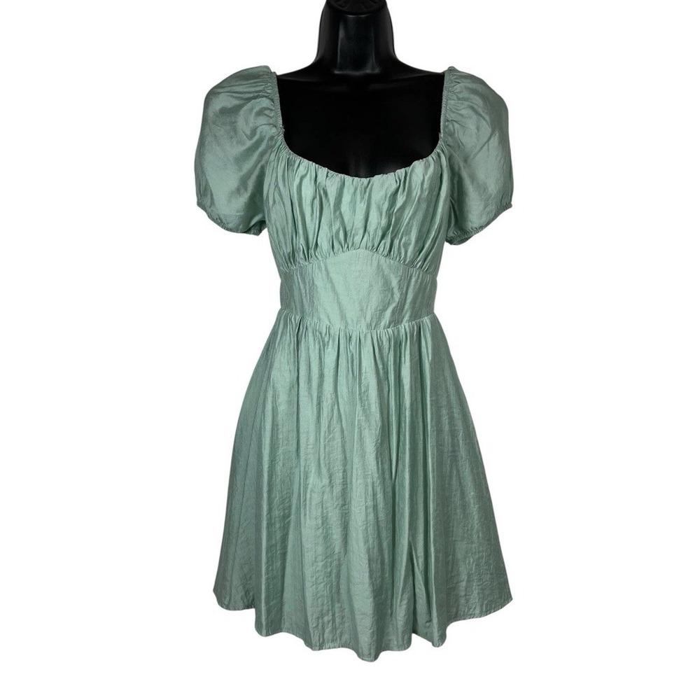 NWT Blu Pepper Sz M Dress Babydoll Mini Puff Sleeve Green Corset Style Milkmaid